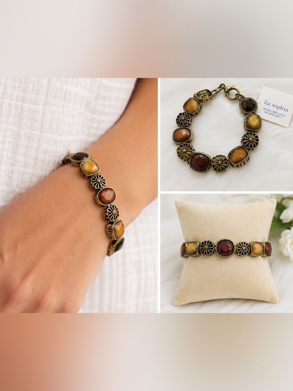 Lia Sophia Amber Stone Stretch Bracelet Bronze Floral Boho NWT